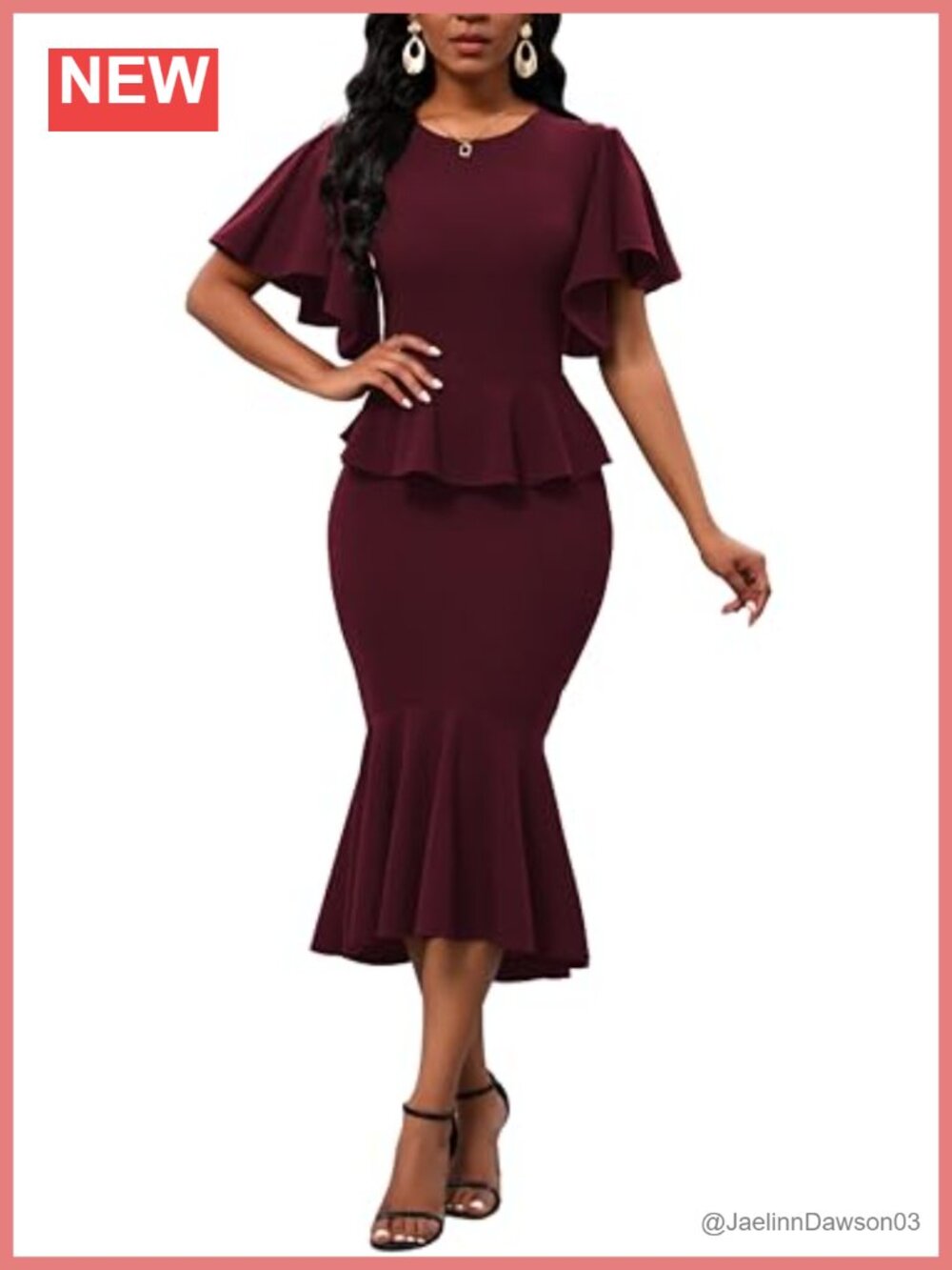 Women's Summer Ruffle Short Sleeve Fishtail Peplum Midi Dress Formal Cocktail